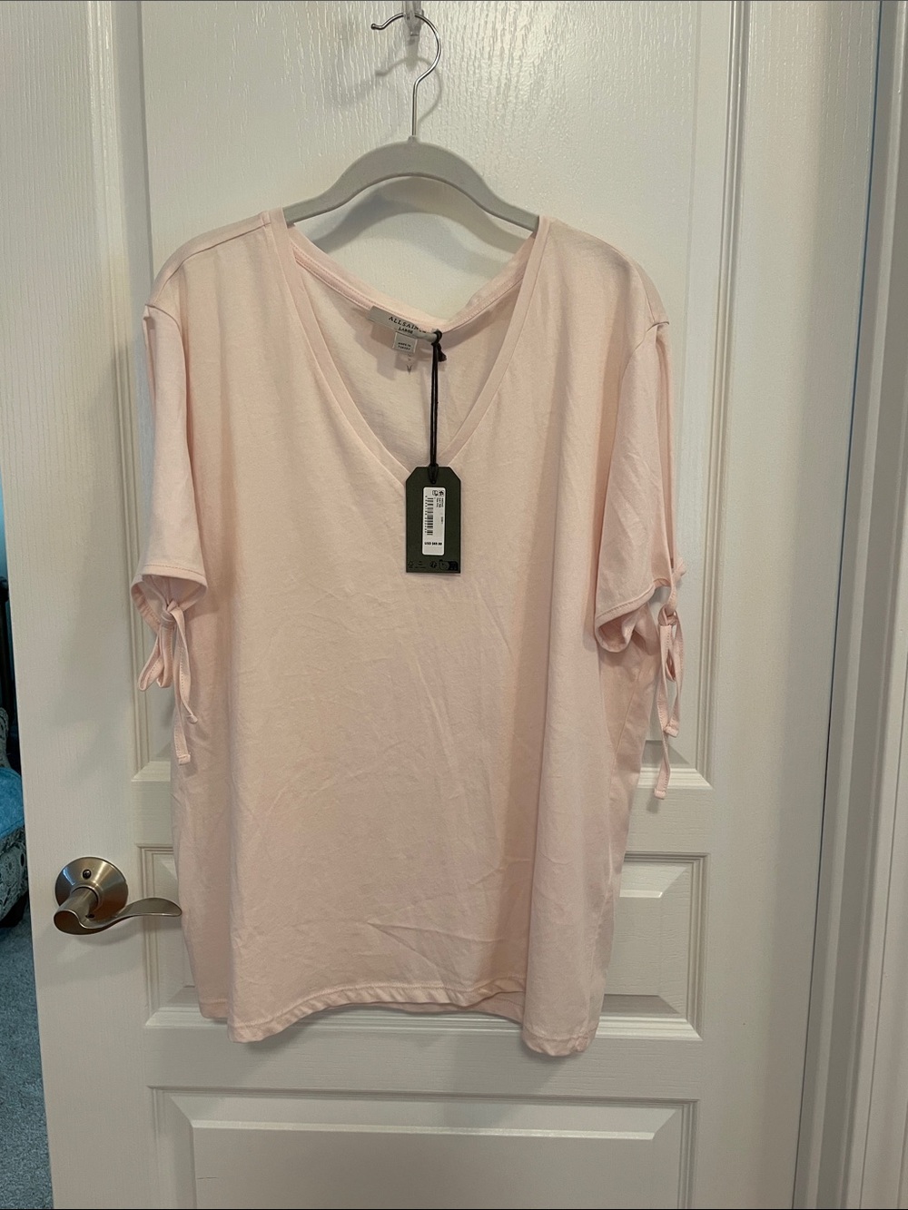 All Saints Light Pink V-Neck Short Sleeve Top with Tie Sleeves